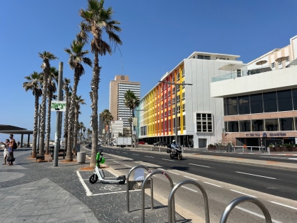 Tel Aviv Boardwalk with Palm Trees and Rainbow Building