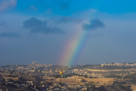 view of Jerusalem and Temple Mount with a rainbow in the distance
